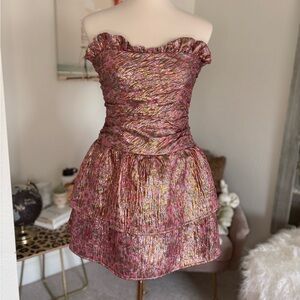 LoveShackFancy Metallic Rose and Gold Ruffled Strapless Party Dress